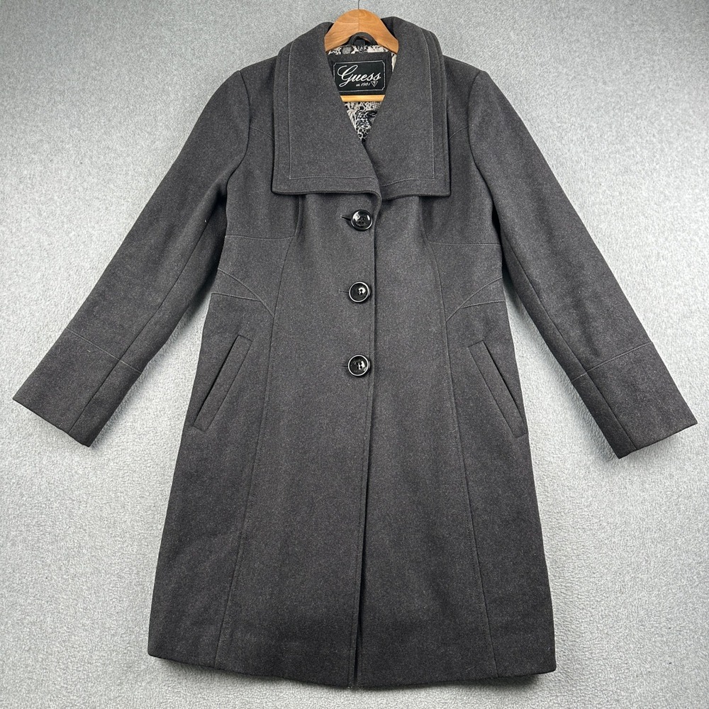 Guess Wool Coat Womens L 22JO2059 Charcoal Oversized Collar Animal Print Lining